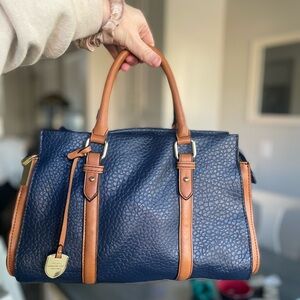 London Fog Textured leather Navy Satchel with Tan Straps